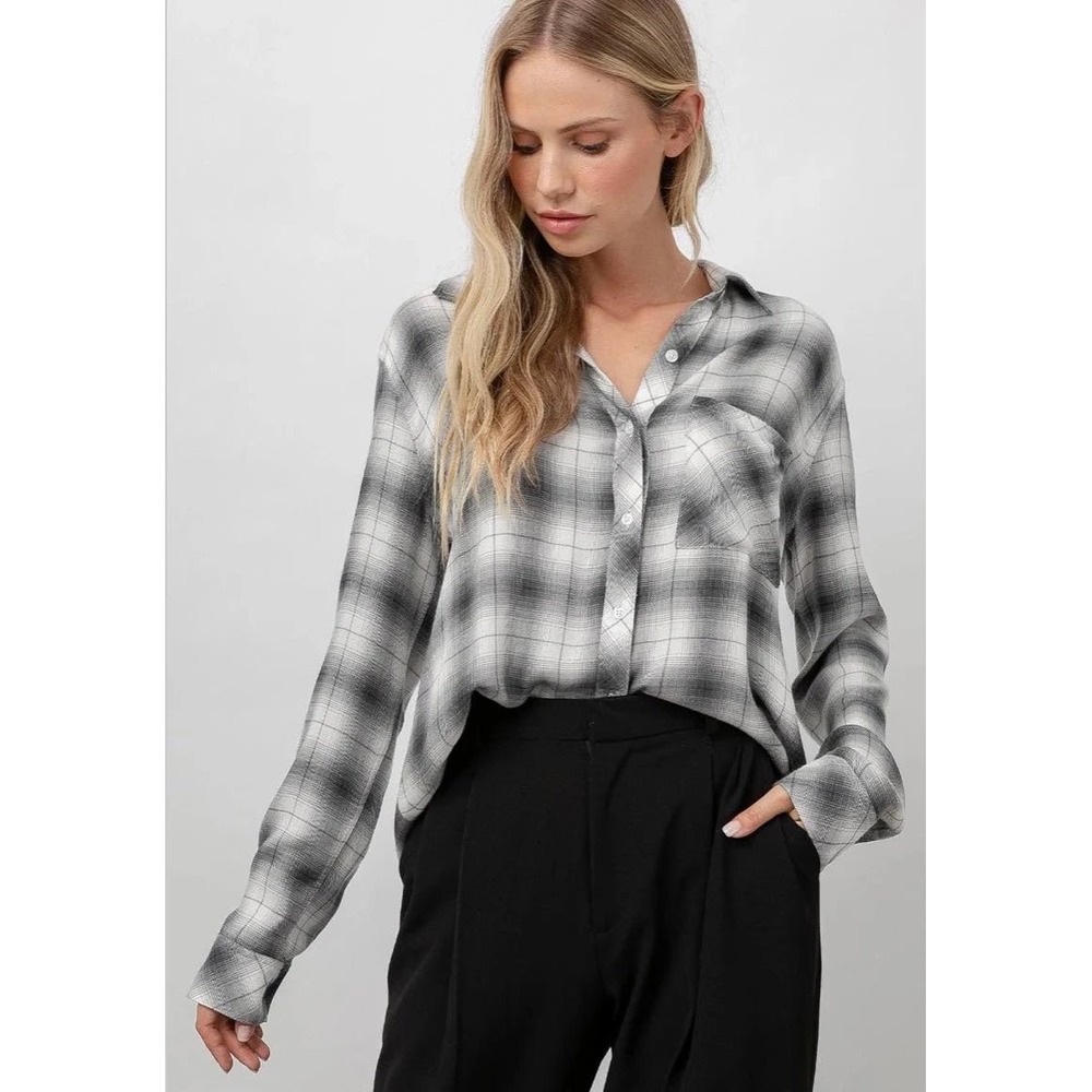 Rails Dylan Shirt Medium Smoke Ivory Shadow Plaid Flannel Rayon Button Down